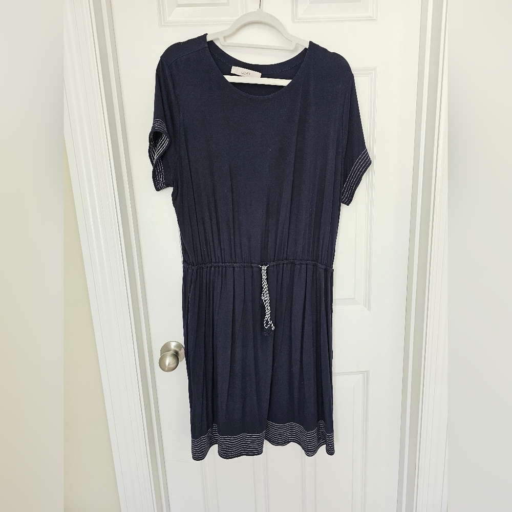 LOFT Navy Short Sleeve Drawstring Knit Dress